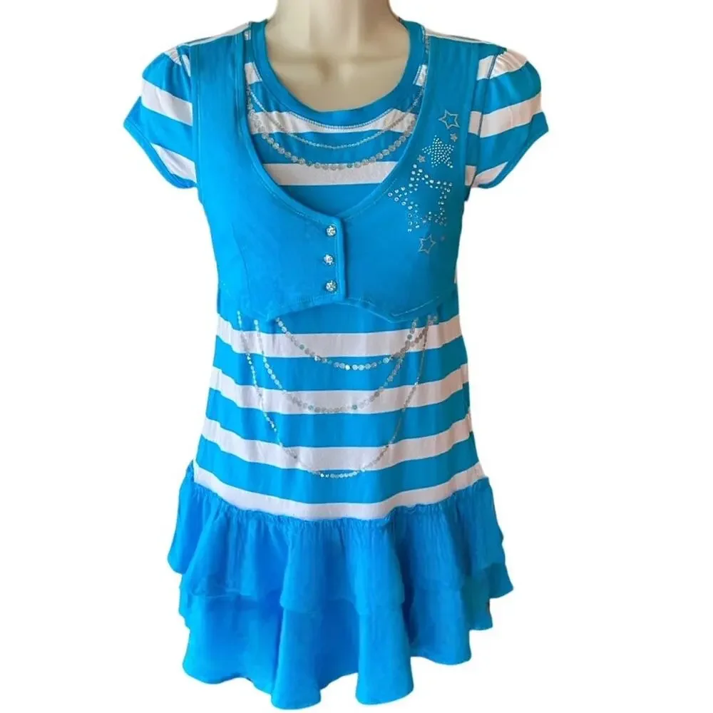 NWT ~ JUSTICE Bright Blue & White Stripe Ruffle Vest Sparkle Dress ~ Girls M 12